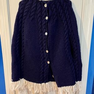 Navy Blue Cable Knit Sweater Cloak with Fringe
